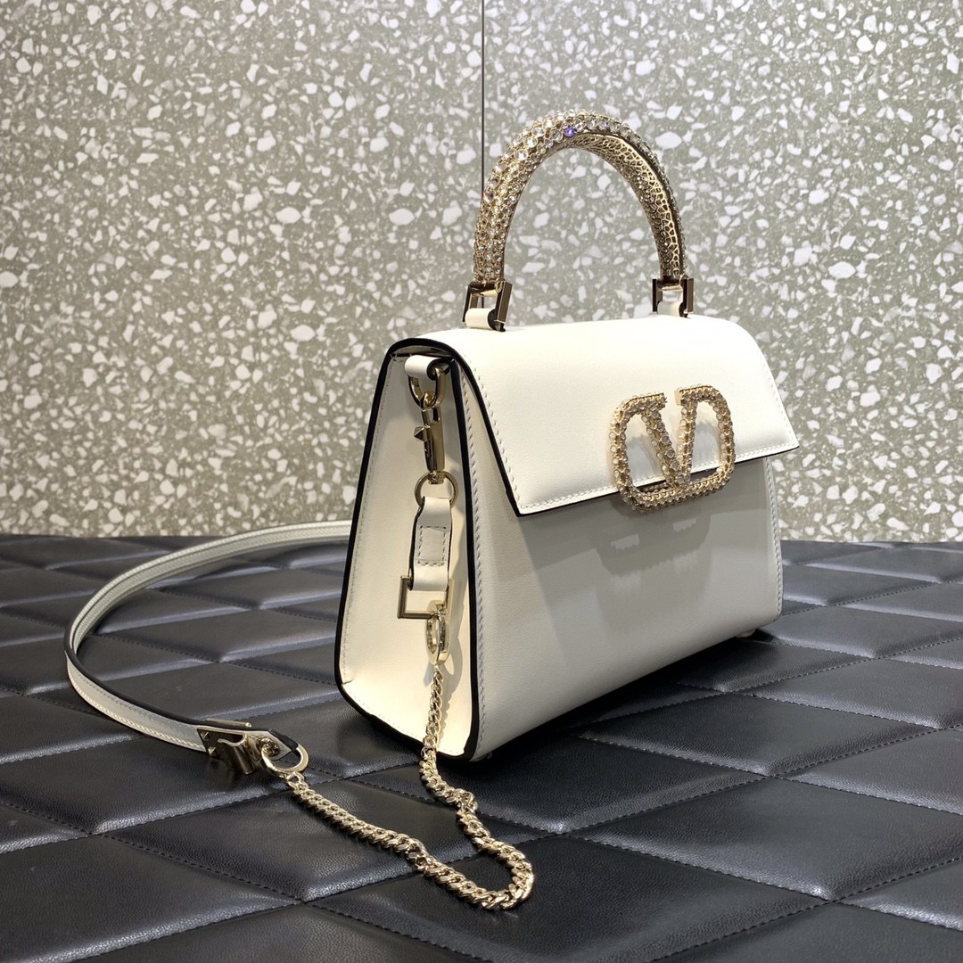 Valentino Garavani Vsling Small Handbag in Ivory Grainy Calfskin 